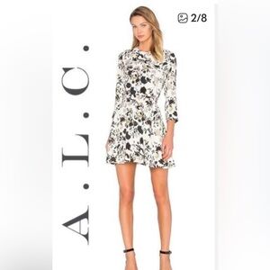 ALC Terry Silk Floral Dress White 3/4 Sleeve Fit Flare Pockets Mini Dress Size 4